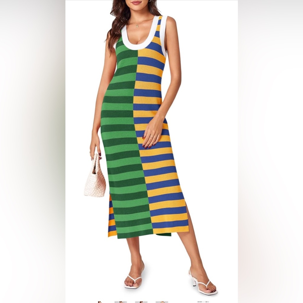 Wenrine Womens Striped Dress Sleeveless Knitted Side Slit Casual Maxi dress